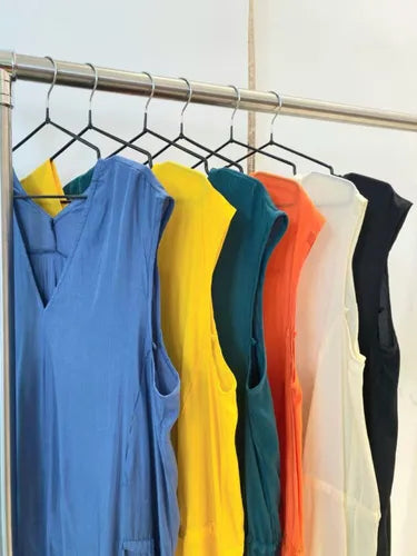 Vestido Largo Simil Seda Amplio Sin Mangas Azul Petróleo Lisa Único
