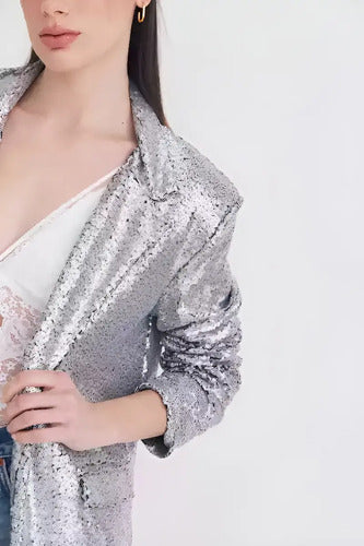 Saco Blazer Lentejuelas Plata Plateado Liso 40