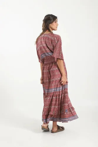 Vestido De Seda Hindú Largo Mod. 24 Rosa Viejo Estampado Único