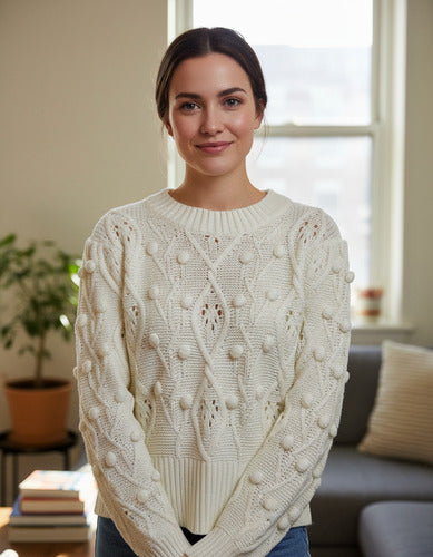 Sweater Tejido Folk Borlas Modelo Amplio Beige Liso Único