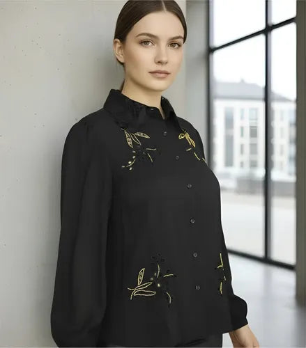 Camisa Broderie Con Dorado Bordada Importada  Negro Liso S