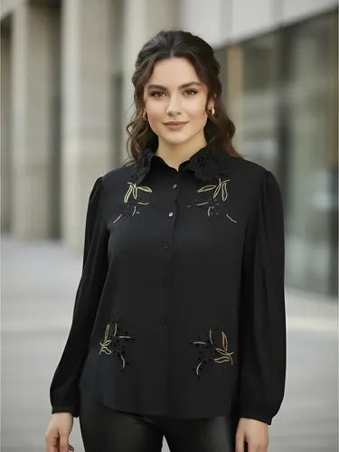 Camisa Broderie Con Dorado Bordada Importada  Negro Liso S