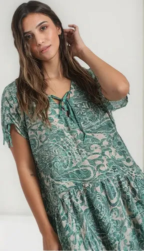 Vestido De Seda Hindú Amplio Mod. 08 Verde Estampado Único