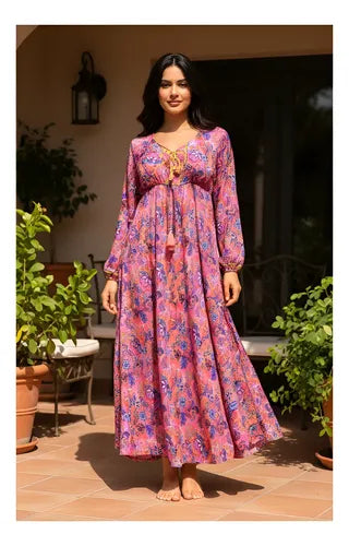 Vestido Largo Seda Hindú Manga Larga Rosa 2 Estampado Único
