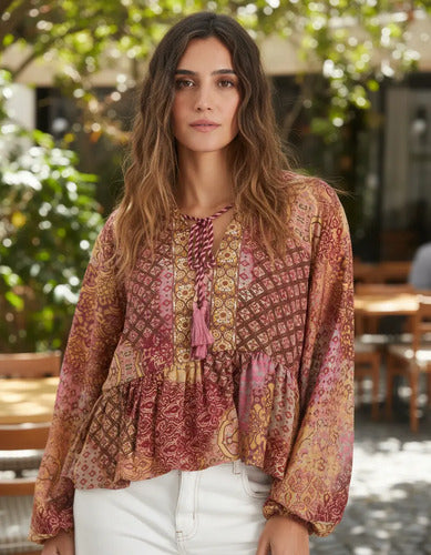 Blusa Hindú Modelo Amplio Rosa Estampado Único