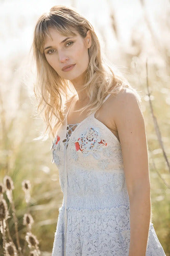Vestido Bordado Boho  Importado Beige Con Celeste Bordado S