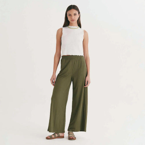 Pantalón Palazzo  De Piqué Verde Musgo Liso Único