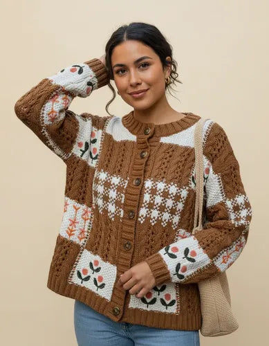 Saco Cárdigan Tejido Amplio Bordado Folk Boho