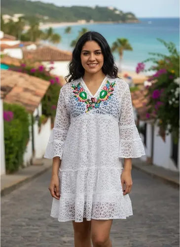 Vestido India Bordado Boho  Blanco Encaje Único