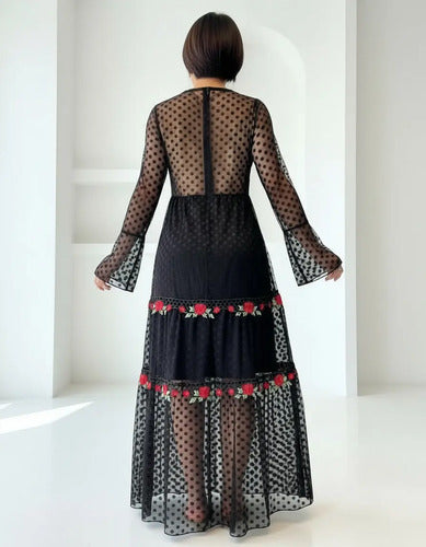 Vestido Boho Fiesta Bordado Tipo Vars Importado Negro Liso S/m