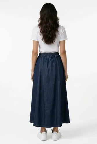 Pollera Falda De Jean Larga Evasé Azul Liso 6