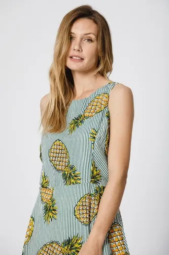 Vestido Importado Estilo Pin Up Ananas Nuevo 2da Selección Azul Rayas Único