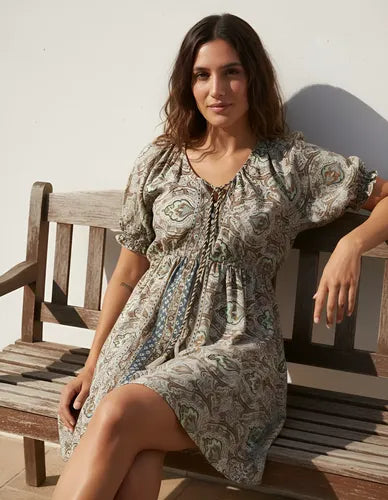 Vestido De Seda Hindú Corto Abotonado Mod. 94 Marrón Claro Estampado Único