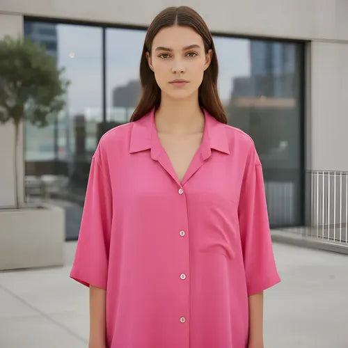 Camisa De Lino Manga Corta Talle Grande Oversize