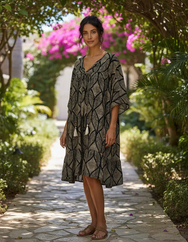Vestido De Seda Hindú Corto Amplio Mod. 45 Beige Y Negro Estampado Único