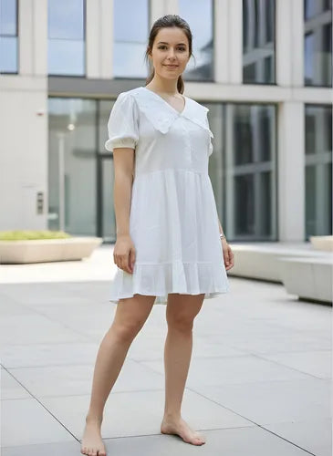 Vestido Lino Blanco Boho Con Cuello Blanco S