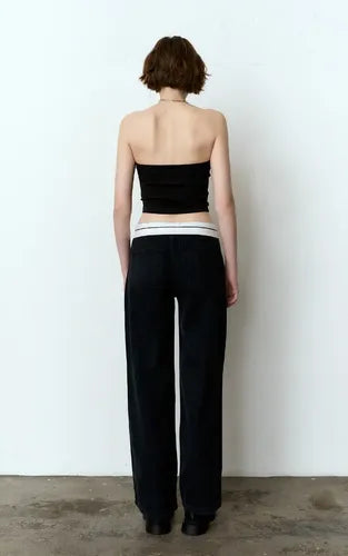 Pantalón Jean Wide Leg Jean Rígido Con Aplique  Denim