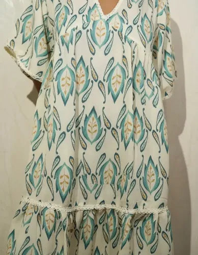 Vestido De Seda Hindú Corto Amplio Mod. 49 Crema Estampado Único