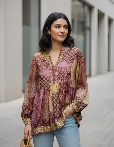 Blusa De Seda Hindú Modelo Amplio Mod. 106 Rosa Estampado Único