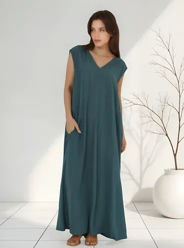 Vestido Largo Simil Seda Amplio Sin Mangas Azul Petróleo Lisa Único