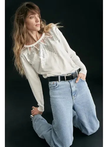 Sweater Bordado Importado Lentejuelas Paillettes Blanco U