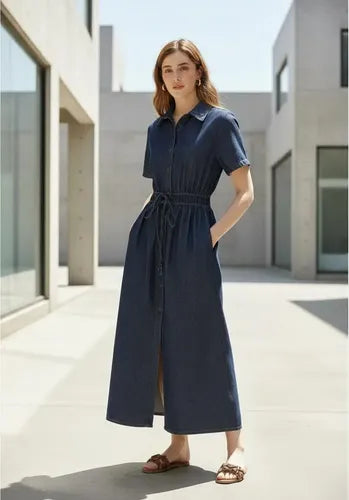 Vestido Jean Camisero Largo Manga Corta