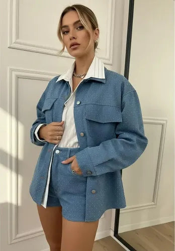 Campera Jean Saco Denim Talle Amplio Hasta 3xl Con Hotfix Celeste Único Liso