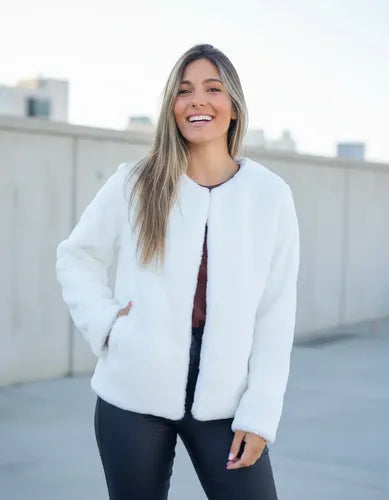 Saco Chaqueta  De Piel Sintética Extra Suave Blanco M Pelo Corto
