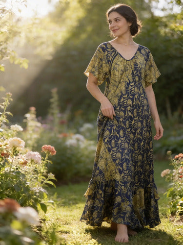 Vestido Seda Hindú Modelo Amplio Xxxl Azul Estampado Único