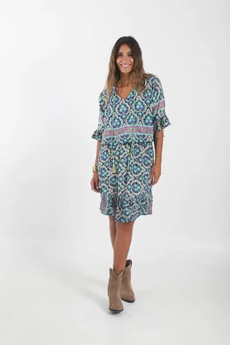 Vestido De Seda Hindú Corto Mod. 5 Nuevo 2da Selección Azul Estampado Único