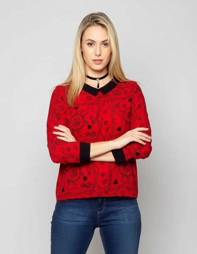 Camisa Blusa De Diseño Estampada  Rojo Estampado 1