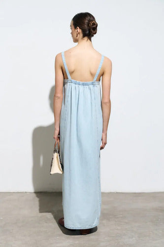 Vestido Jean Largo Solero Denim Nuevo De 2da Selección Celeste Liso S