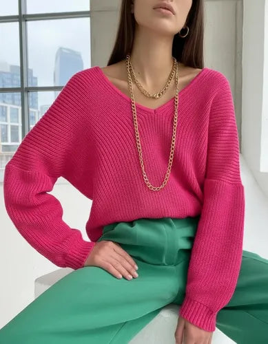 Sweater Tejido Morley Mangas Globo Fucsia Liso Único