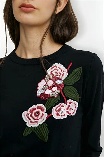 Sweater Tejido Importado Detalles  Strass Flores Negro U