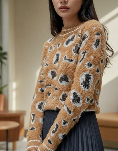 Sweater De Mujer Importado  Animal Print Pelo De Mono Marrón Animal Print Único