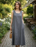 Vestido De Lino Escote Cuadrado Gris Lisa Único
