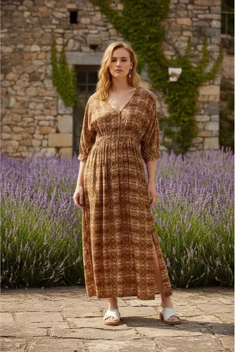 Vestido Largo De India Estampado Boho Marrón Estampado Xl