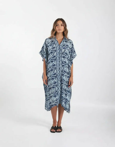 Vestido De Seda Hindú Abotonado Modelo Amplio Mod. 49 Azul Estampado Único