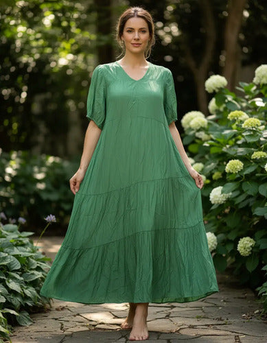 Vestido De Simil Seda Largo Con Bolsillos Verde Liso Único