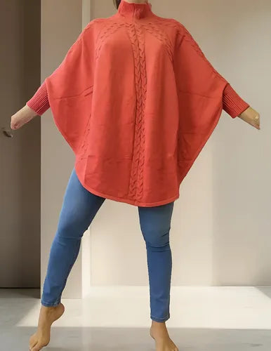 Poncho  Sweater Tejido Grueso Grande Importado Terracota Liso Único