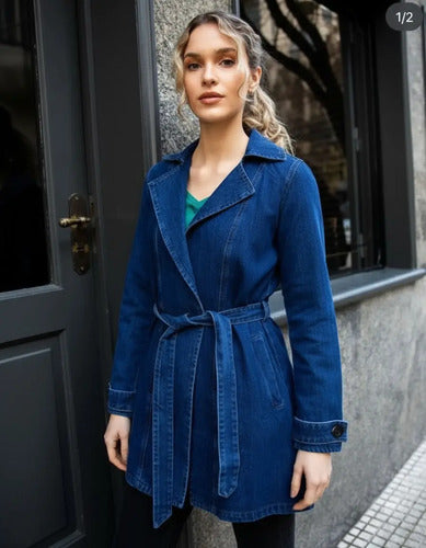 Trench Jean Tapado Denim Sobretodo Amplio Azul M Lisa