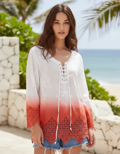 Blusa Camisa Puntilla Importada Batik Boho Hippie Chic Blanco Con Coral Batik L