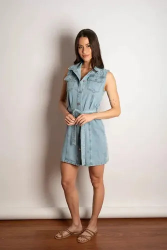 Vestido De Jean Rigido Sin Mangas Celeste Liso S