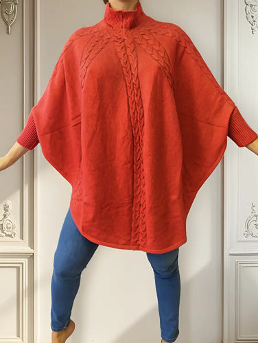 Poncho  Sweater Tejido Grueso Grande Importado Terracota Liso Único