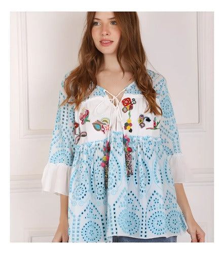 Blusa Camisa Bordada Importada Boho Amplia Blanco Bordado Unico