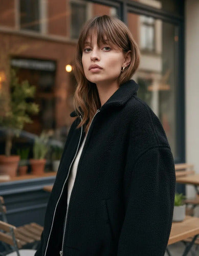 Campera Bomber Simil Paño Amplia Negro Único Liso