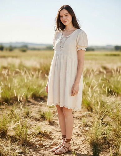 Vestido  Importado Crochet Bordado Boho Blanco Bordado S