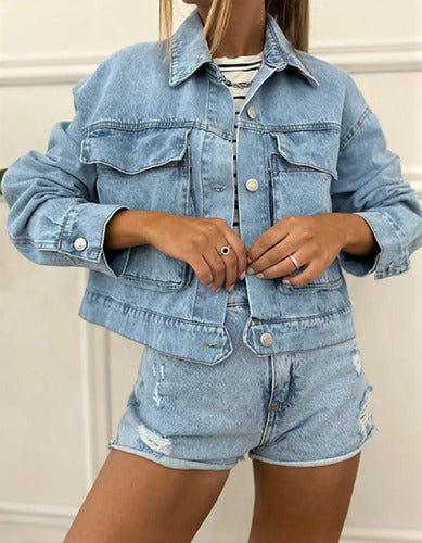 Campera Jean Cargo Denim Corta