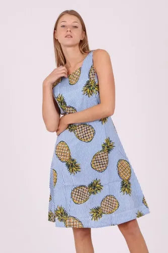 Vestido Importado Estilo Pin Up Ananas Nuevo 2da Selección Azul Rayas Único