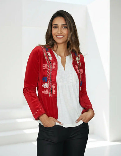 Saco Chaqueta Chiffon Bordada Rojo M Bordado